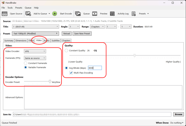 Handbrake video tab
