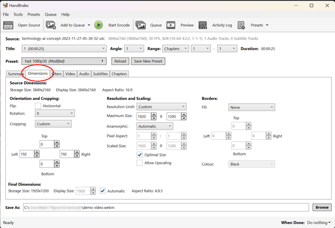 video conversion dimensions page